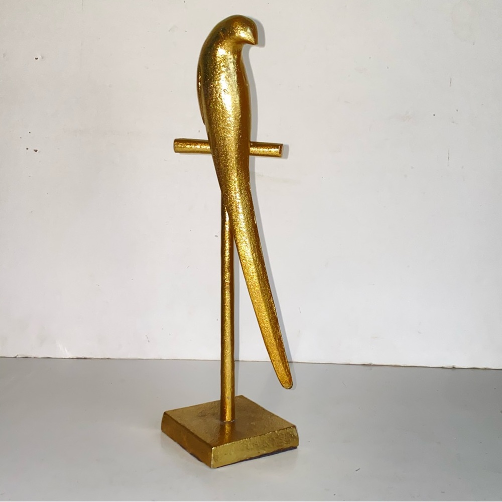 Vintage Gold Metal Parrot Bird On Perch 13" Table Top Sculpture